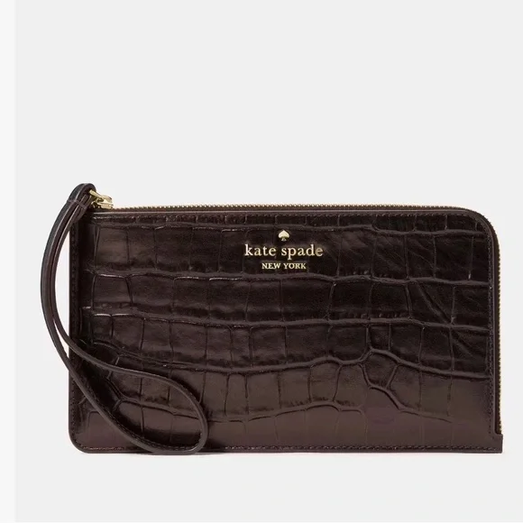 NWT Kate Spade New York Croc Embossed Leather Wristlet Wallet Brown Zip Clutch - Picture 1 of 5
